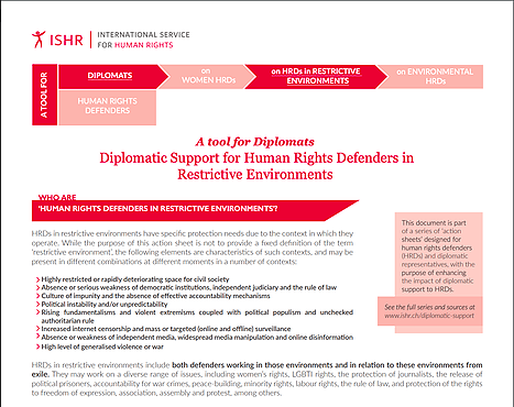 Diplomatic Support for Human Rights Defenders in Restrictive Environments. A tool for Diplomats.