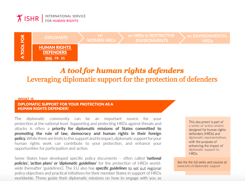 Leveraging diplomatic support for the protection of defenders. A tool for human rights defenders