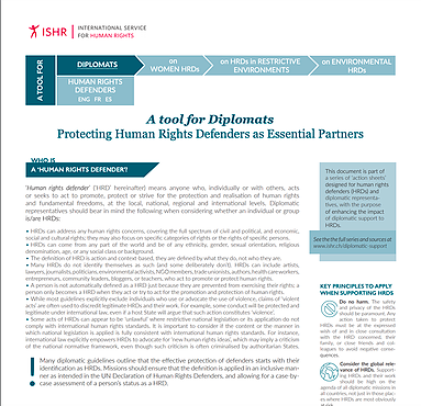 Protecting Human Rights Defenders as Essential Partners. A tool for Diplomats