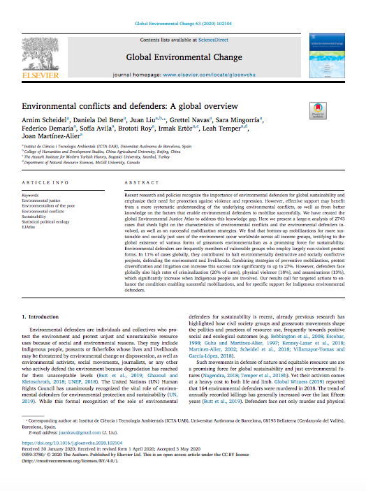 Environmental conflicts and defenders: A global overview